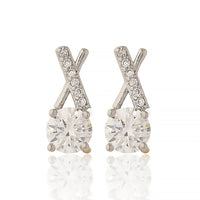 Elegant Silver Plated Criss-Cross Stud Earrings with Round Cut Cubic Zirconia