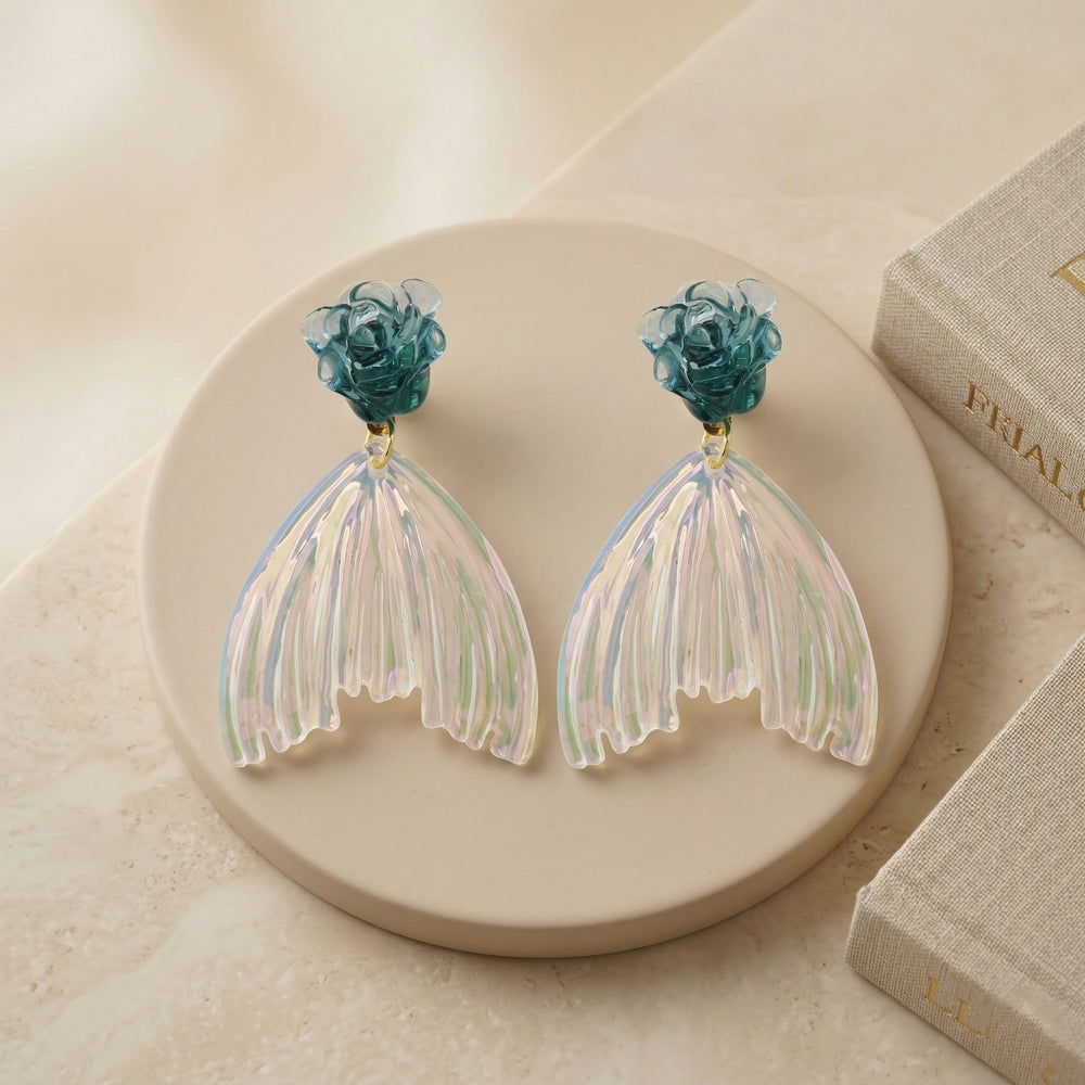 Whimsical Gold Plated Mermaid Tail Dangle Earrings with Teal Resin Rose