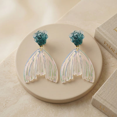 Whimsical Gold Plated Mermaid Tail Dangle Earrings with Teal Resin Rose