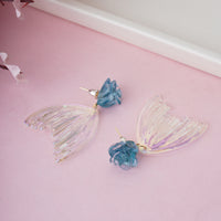 Whimsical Gold Plated Mermaid Tail Dangle Earrings with Teal Resin Rose