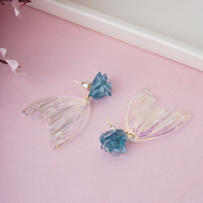 Whimsical Gold Plated Mermaid Tail Dangle Earrings with Teal Resin Rose - Second Image