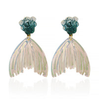 Whimsical Gold Plated Mermaid Tail Dangle Earrings with Teal Resin Rose