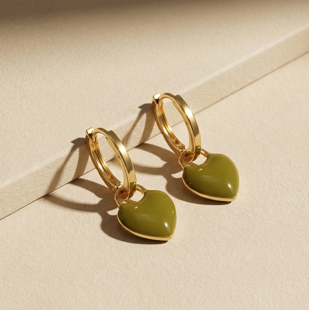 Minimalist Gold Plated Olive Green Enamel Heart Dangle Hoop Earrings
