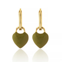 Minimalist Gold Plated Olive Green Enamel Heart Dangle Hoop Earrings