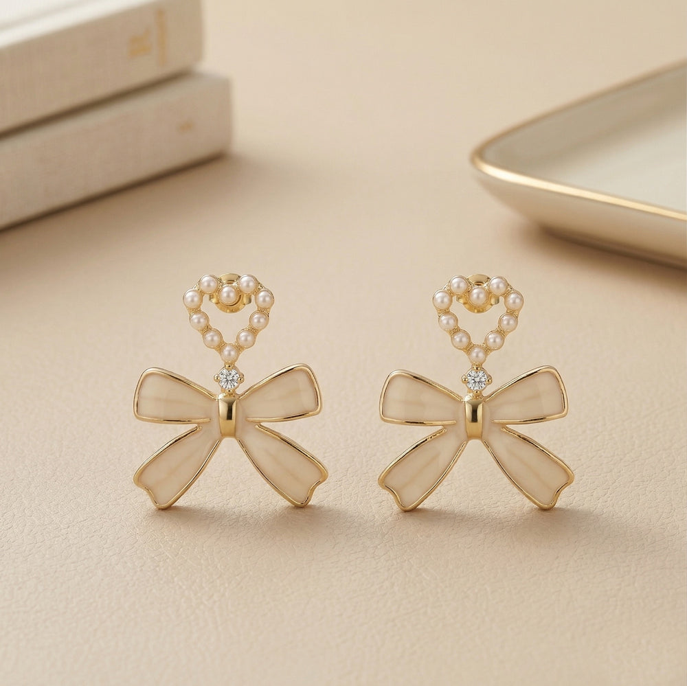 Dainty Gold Plated Pearl-Encrusted Heart and Beige Bow Drop Earrings