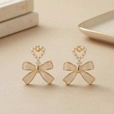 Dainty Gold Plated Pearl-Encrusted Heart and Beige Bow Drop Earrings