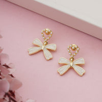 Dainty Gold Plated Pearl-Encrusted Heart and Beige Bow Drop Earrings
