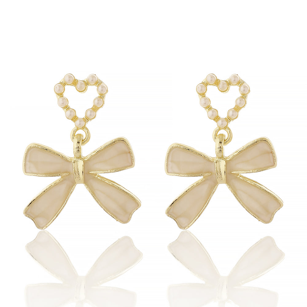 Dainty Gold Plated Pearl-Encrusted Heart and Beige Bow Drop Earrings