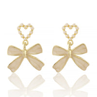 Dainty Gold Plated Pearl-Encrusted Heart and Beige Bow Drop Earrings