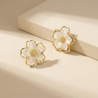 Elegant Gold Plated Layered White Resin Flower Stud Earrings with Textured Golden Pistil Center