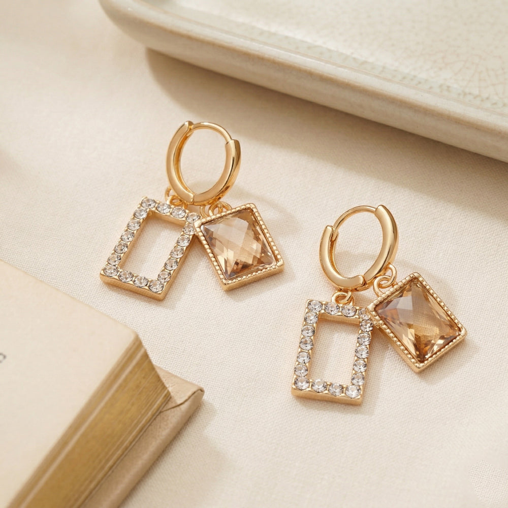 Vintage Gold Plated Rectangular Smoked Topaz Crystal Earrings with Zirconia Accents