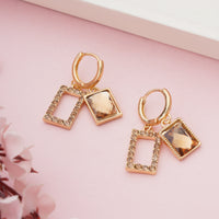 Vintage Gold Plated Rectangular Smoked Topaz Crystal Earrings with Zirconia Accents