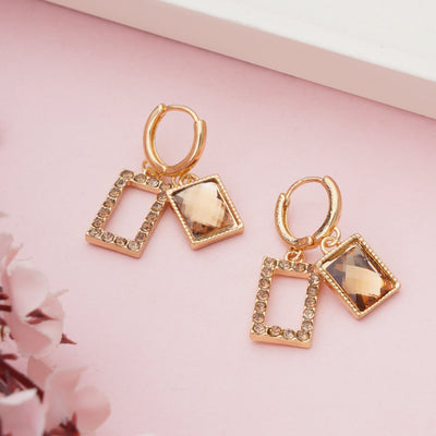 Vintage Gold Plated Rectangular Smoked Topaz Crystal Earrings with Zirconia Accents - Second Image