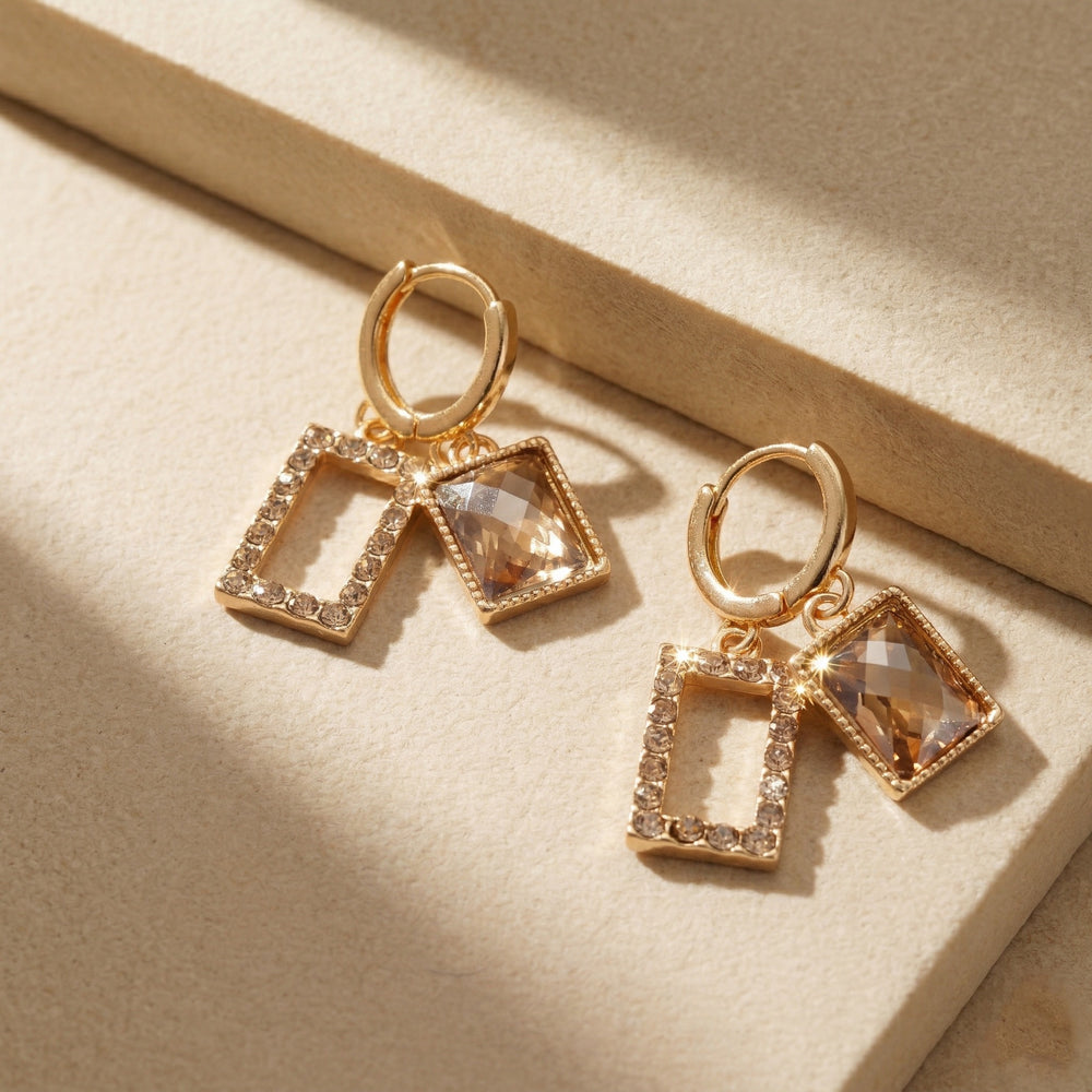 Vintage Gold Plated Rectangular Smoked Topaz Crystal Earrings with Zirconia Accents