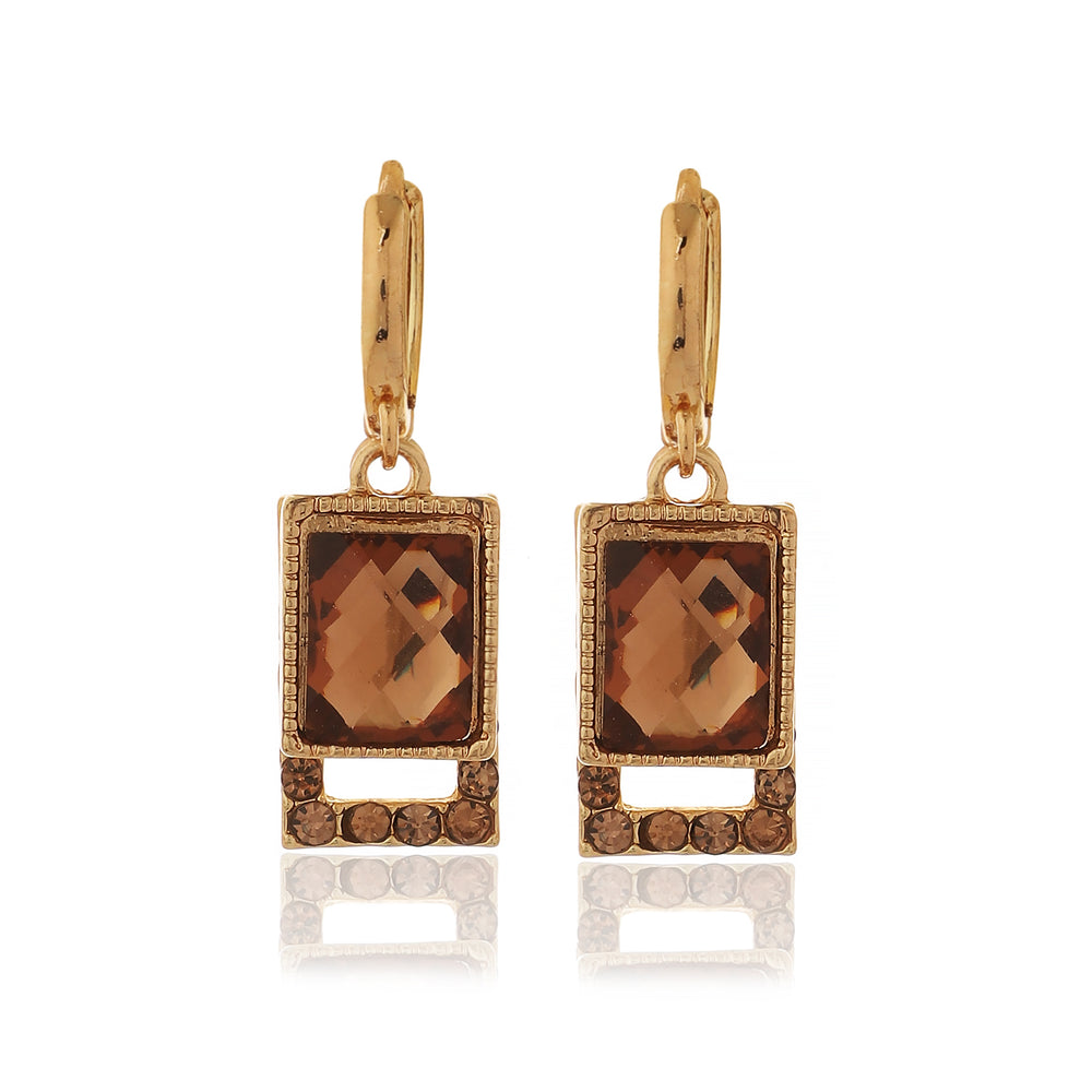 Vintage Gold Plated Rectangular Smoked Topaz Crystal Earrings with Zirconia Accents