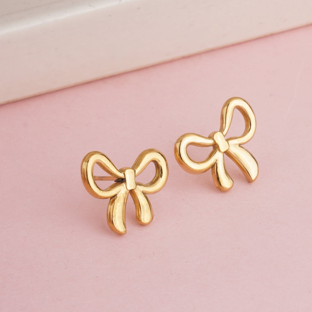 Sweet Gold Plated High-Polished Ribbon Bow Stud Earrings for Daily wear