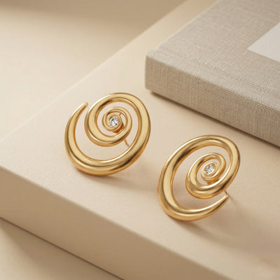 Bold Gold Plated Spiral Vortex Stud Earrings with Centered Sparkle Clear Crystal Accent