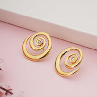 Bold Gold Plated Spiral Vortex Stud Earrings with Centered Sparkle Clear Crystal Accent