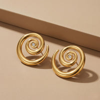 Bold Gold Plated Spiral Vortex Stud Earrings with Centered Sparkle Clear Crystal Accent