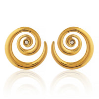 Bold Gold Plated Spiral Vortex Stud Earrings with Centered Sparkle Clear Crystal Accent