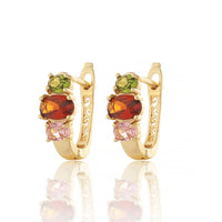 Gold Plated Hoop Earrings with Peridot, Garnet, and Pink Tourmaline Crystals