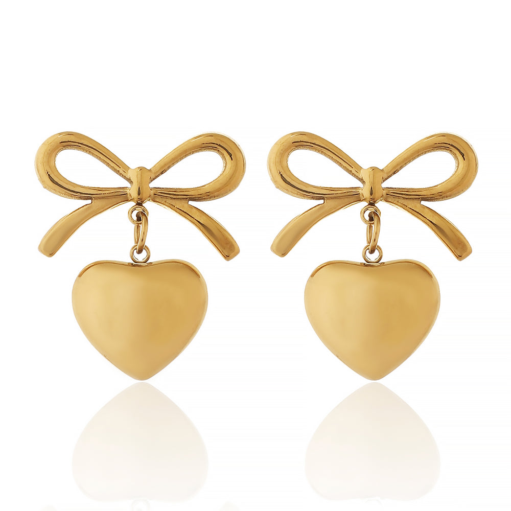 Designer Gold Plated Ribbon Bow Dangle Earrings with Polished Golden Heart Charms