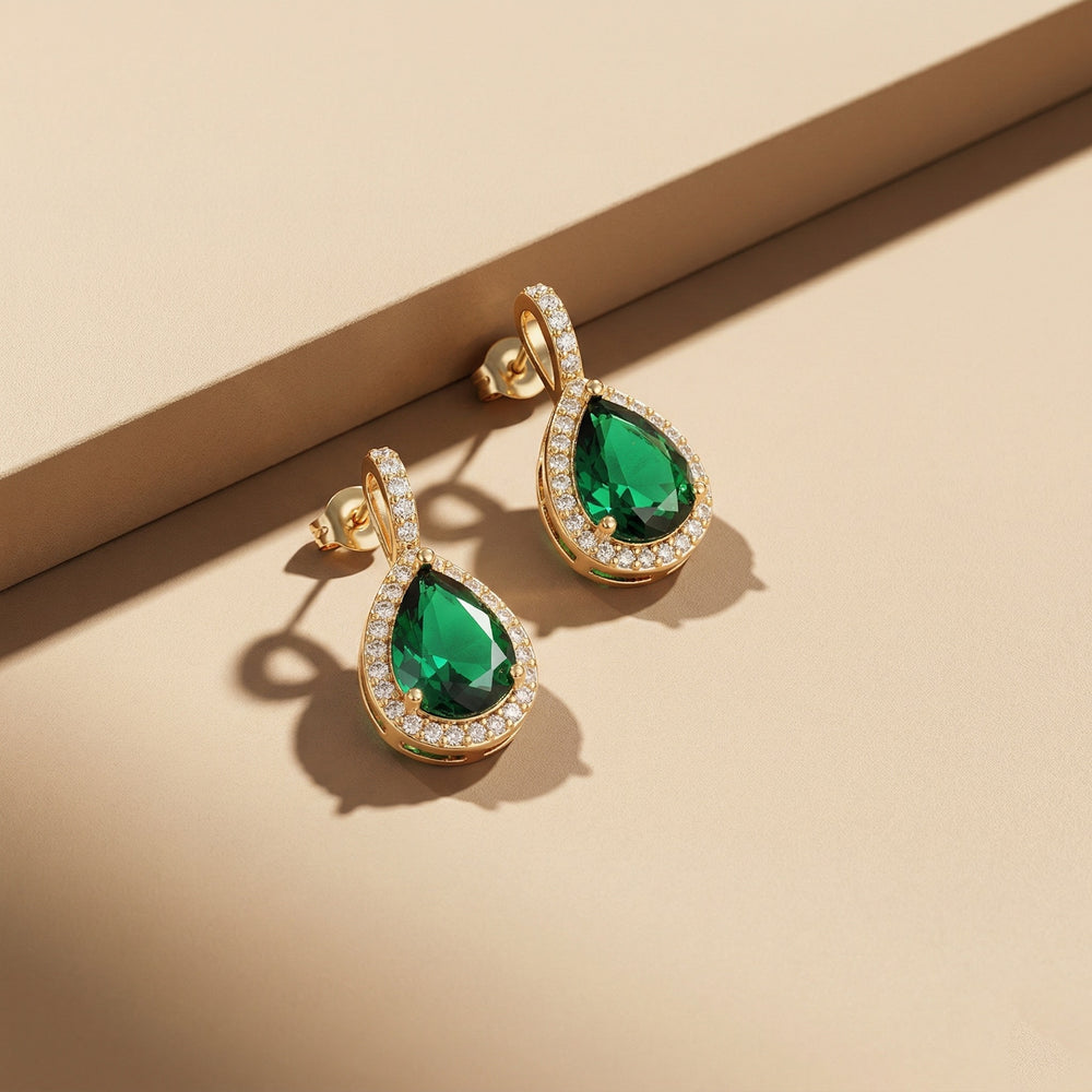 Luxury Gold Plated Pear-Cut Emerald Green Gemstone Drop Earrings with Halo Crystal Border