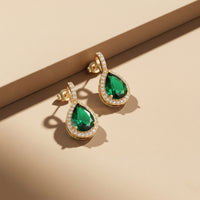 Luxury Gold Plated Pear-Cut Emerald Green Gemstone Drop Earrings with Halo Crystal Border