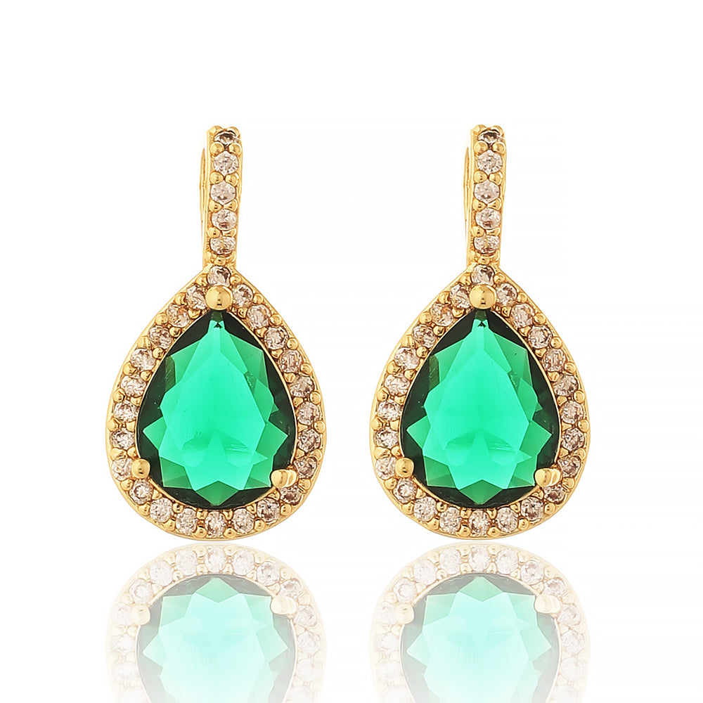 Luxury Gold Plated Pear-Cut Emerald Green Gemstone Drop Earrings with Halo Crystal Border