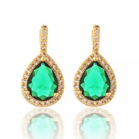Luxury Gold Plated Pear-Cut Emerald Green Gemstone Drop Earrings with Halo Crystal Border