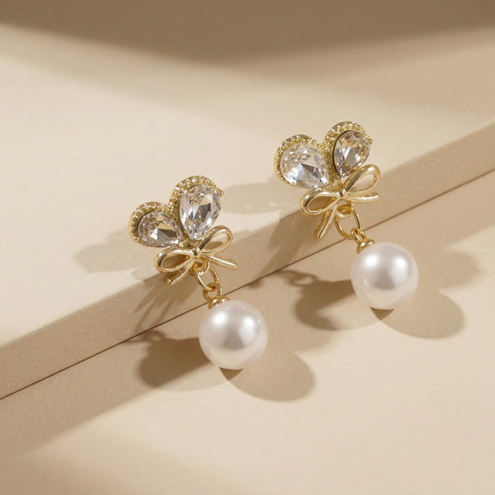 Elegant Gold Plated Crystal Butterfly Wing and Bow Drop Earrings with Round White Pearls