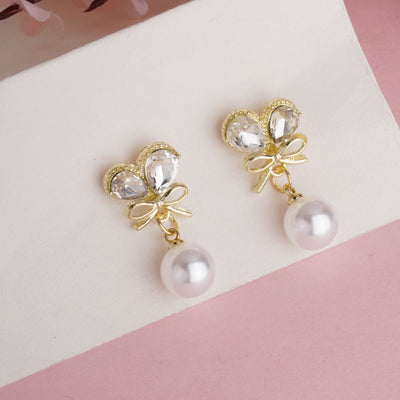 Elegant Gold Plated Crystal Butterfly Wing and Bow Drop Earrings with Round White Pearls - Second Image