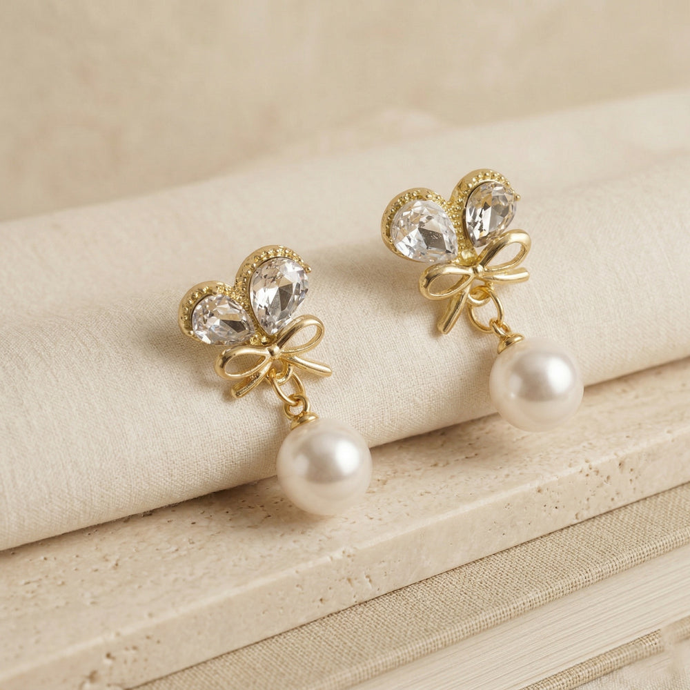 Elegant Gold Plated Crystal Butterfly Wing and Bow Drop Earrings with Round White Pearls