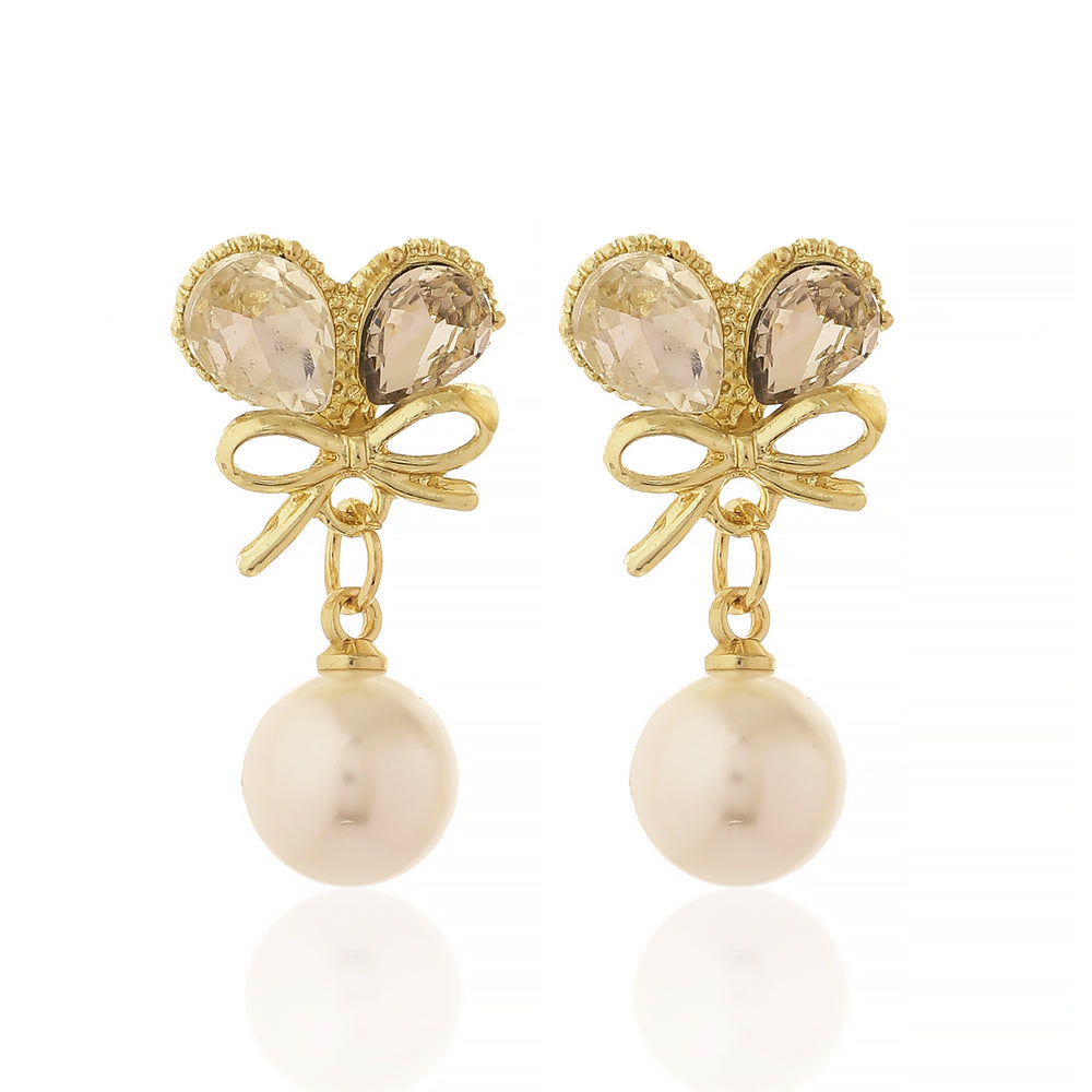 Elegant Gold Plated Crystal Butterfly Wing and Bow Drop Earrings with Round White Pearls