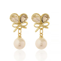 Elegant Gold Plated Crystal Butterfly Wing and Bow Drop Earrings with Round White Pearls