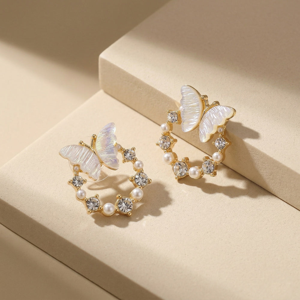 Whimsical Gold Plated Iridescent Butterfly Wreath Earrings with Sparkling Crystals and Pearls