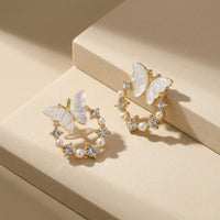 Whimsical Gold Plated Iridescent Butterfly Wreath Earrings with Sparkling Crystals and Pearls