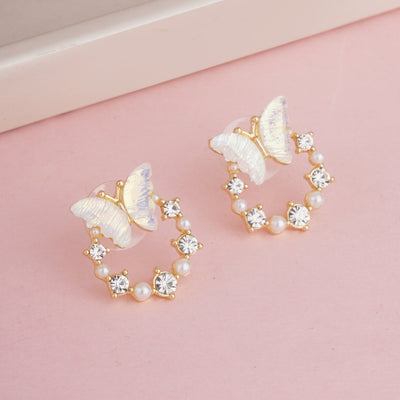 Whimsical Gold Plated Iridescent Butterfly Wreath Earrings with Sparkling Crystals and Pearls - Second Image