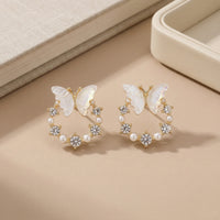 Whimsical Gold Plated Iridescent Butterfly Wreath Earrings with Sparkling Crystals and Pearls