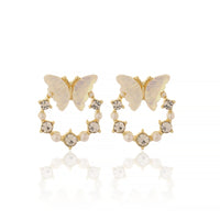 Whimsical Gold Plated Iridescent Butterfly Wreath Earrings with Sparkling Crystals and Pearls