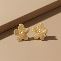 Classic Gold Plated Textured 5-Petal Flower Stud Earrings for Casual & Ethnic Wear
