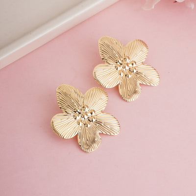 Classic Gold Plated Textured 5-Petal Flower Stud Earrings for Casual & Ethnic Wear - Second Image