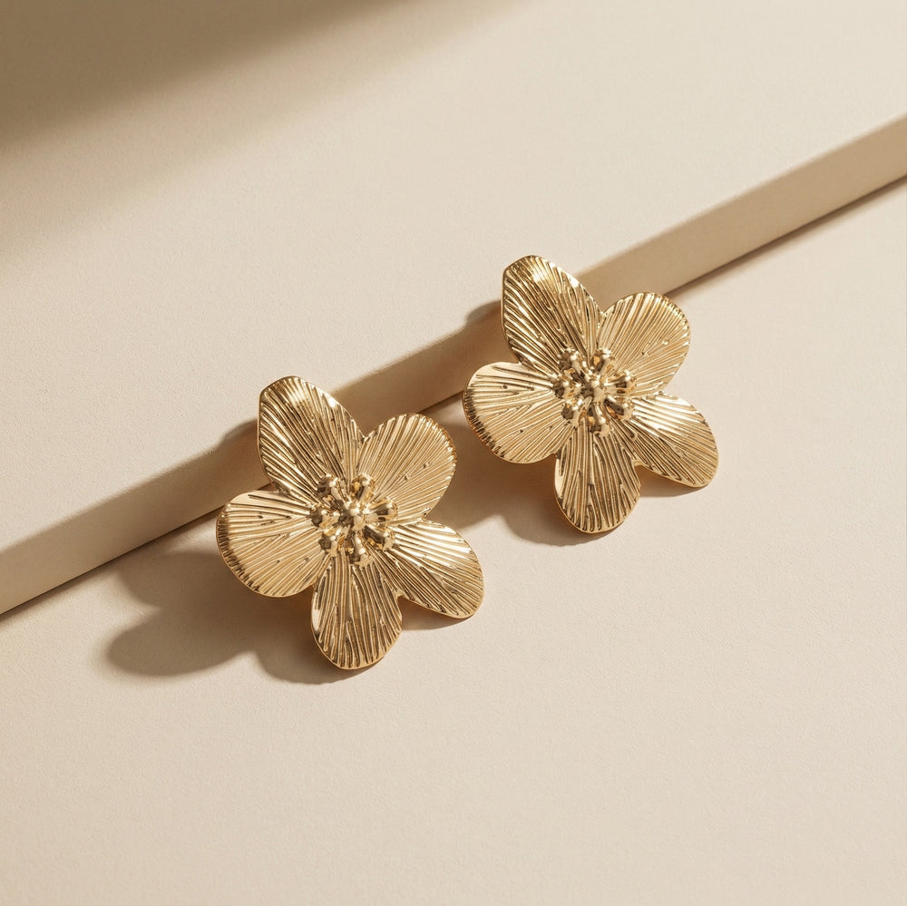 Classic Gold Plated Textured 5-Petal Flower Stud Earrings for Casual & Ethnic Wear