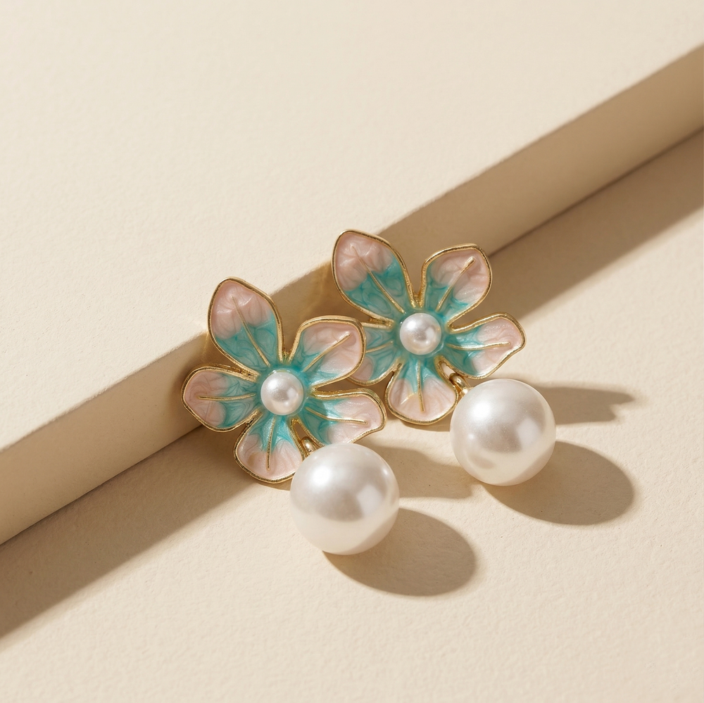 Artistic Gold Plated Teal and Peach Enamel Flower Earrings with White Pearl Accents