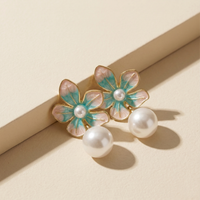 Artistic Gold Plated Teal and Peach Enamel Flower Earrings with White Pearl Accents