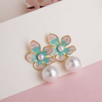 Artistic Gold Plated Teal and Peach Enamel Flower Earrings with White Pearl Accents