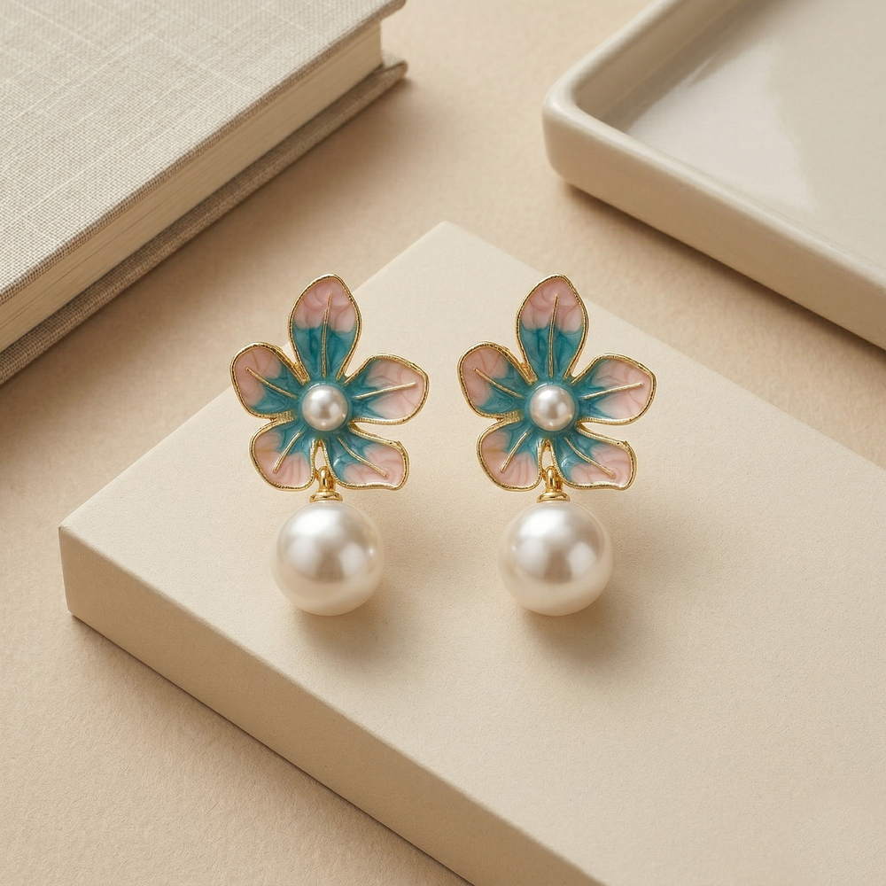 Artistic Gold Plated Teal and Peach Enamel Flower Earrings with White Pearl Accents