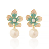 Artistic Gold Plated Teal and Peach Enamel Flower Earrings with White Pearl Accents