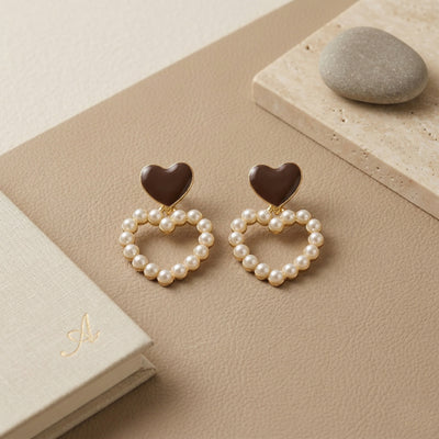 Chic Gold Plated Brown Enamel Heart Stud Earrings with Pearl-Encrusted Heart Dangle