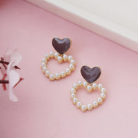 Chic Gold Plated Brown Enamel Heart Stud Earrings with Pearl-Encrusted Heart Dangle